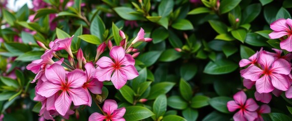Pink Adenium obesum blossoms contrast vibrantly against lush, green foliage, background, bloom