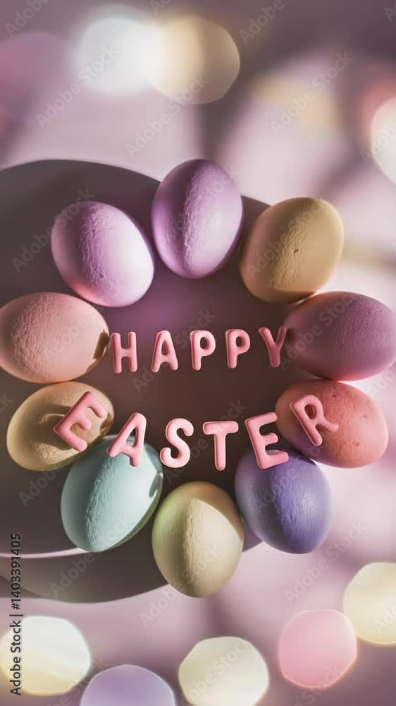 Poster delightful display of pastel-colored eggs arranged artistically with a joyful message for easter cre