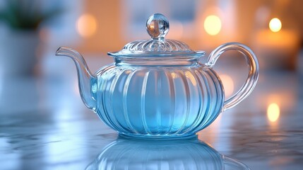 Glass teapot with blue liquid on marble surface, warm bokeh background.