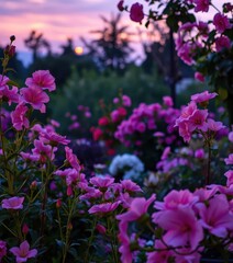 Obraz premium Twilight embraces fragrant blooms in a vibrant, tranquil garden, vibrant, petals, serenity