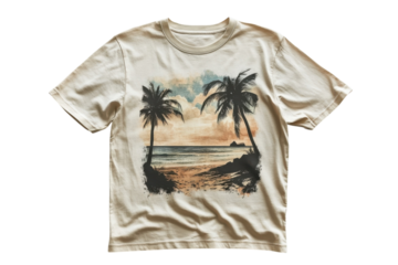 Tropical sunset beach tee shirt soft beige cotton palm trees graphic relaxed fit summer style