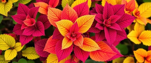 Fototapeta premium Vibrant coleus leaves clustered on a painted nettle stem, showcasing diverse colors and textures, plant, natural, beautiful