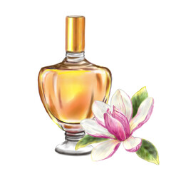Perfume bottle with magnolia on a white background, digital illustration. Retro fashion illustration, perfect for vintage inspired fashion lover