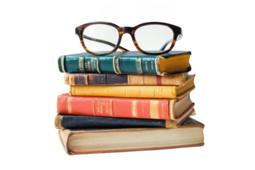Stack of vintage books with glasses on a transparent background