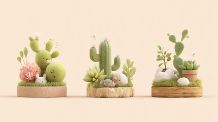 Decorative cacti in charming plant arrangements.