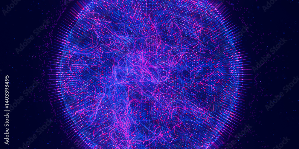 Poster Abstract macro of quantum computing qubit spherical cell. Subatomic patterns of cyber AI intelligence. Futuristic technology concept.