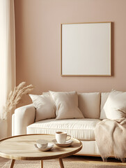 modern interior design mockup background with a blank poster frame, sofa and coffee table in light beige tones, minimalist style, natural lighting, high resolution photography