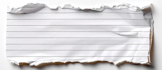 A torn white lined paper sheet with rough edges on plain white background, minimalist conceptual art emphasizing texture and negative space.