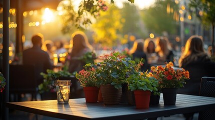Outdoor cafe scene at sunset with vibrant flower pots and diners