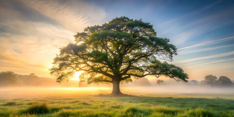 Fototapeta premium Ancient oak tree standing alone in a misty meadow