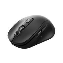 Sleek black wireless mouse, ergonomically designed for comfortable and efficient computing, featuring convenient side buttons and a smooth scroll wheel for precise control.