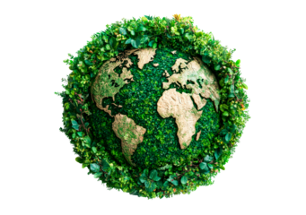 The Earth globe surrounded by fresh green leaves and plants, symbolizing eco-friendly practices