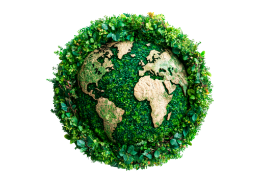 The Earth globe surrounded by fresh green leaves and plants, symbolizing eco-friendly practices