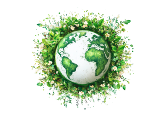 Planet Earth surrounded by vibrant green leaves isolated on transparent background