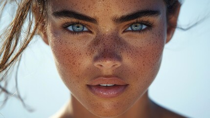 Close-up Portrait of a Freckled Woman with Striking Blue Eyes