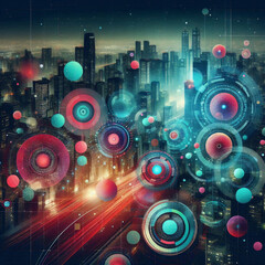 Futuristic Cityscape with Abstract Digital Interface Overlay – Sci-Fi Urban Technology Art