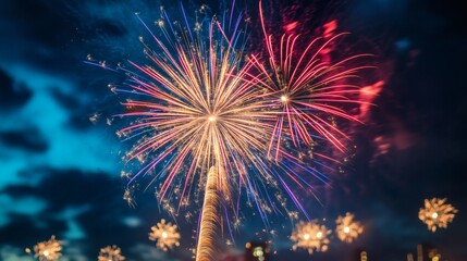 Fototapeta premium Night sky fireworks display over city. Celebration, event photography