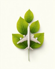 Airplane on Green Leaves Symbolizing Sustainable Travel and Nature