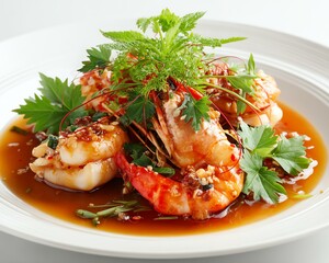 Delicious shrimp dish garnished with herbs.