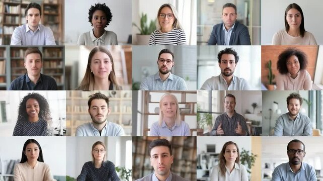 Virtual Synergy: A grid of diverse faces during an online meeting symbolizes modern connection, collaboration, and the evolving landscape of remote teamwork.