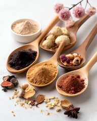 Colorful spices arranged in wooden spoons.