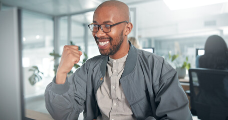 Fist pump, happy and black man in office with good news for job promotion, success or achievement....