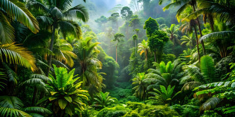 A deep jungle with lush green foliage and tropical trees