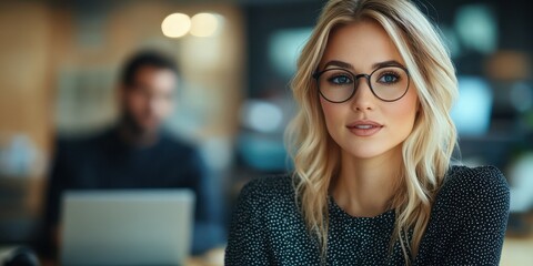 Professional woman in office attire engages in thoughtful work during a collaborative meeting at a modern workplace