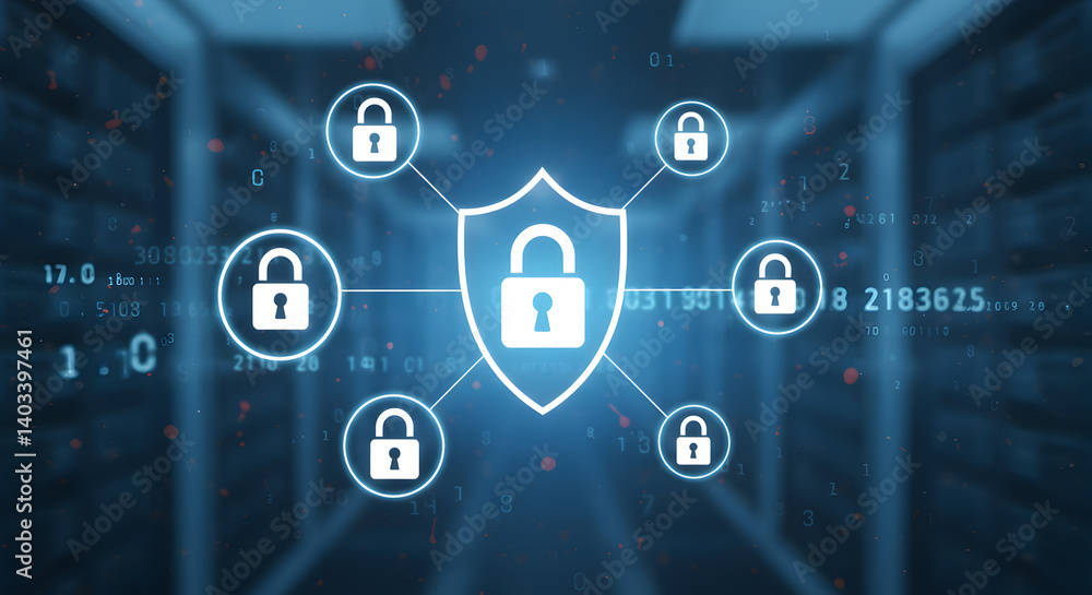 Poster cyber security shield with padlocks and glowing network nodes on data servers in a blue background