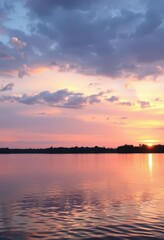 Naklejka premium Serene Michigan sunset mirroring in tranquil lake waters, stillness, scenery, sunset colors