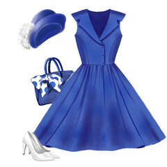 A vintage-style blue dress, bag, hat, white pumps on a white background, digital illustration. Retro fashion illustration, perfect for vintage lover
