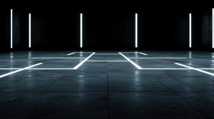 Naklejka premium A futuristic room with a black floor and white lines.