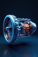 High-resolution image of a blue jet engine's internal components , internal, metallic