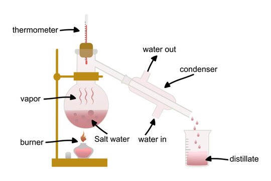 Simple Distillation Experiment Setup with Basic Laboratory Equipment, Ideal for Educational Materials, Science Textbooks, and Chemistry Lab Demonstrations