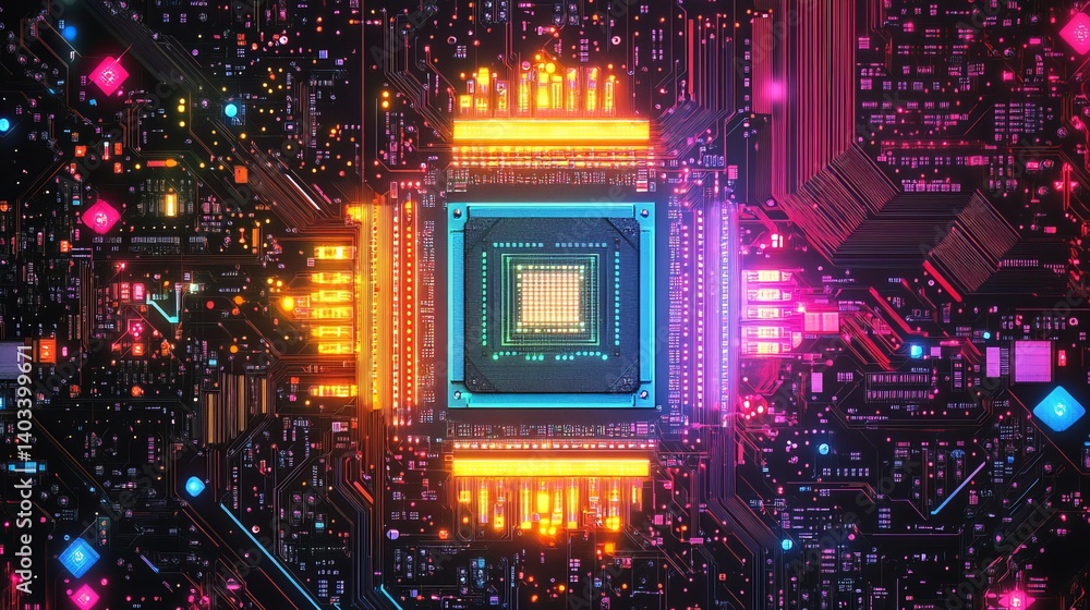 Poster colorful circuit board motherboard technology background computer hardware system cpu processor chip