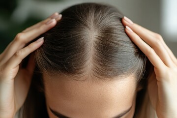 Fototapeta premium Close up of a woman's scalp with hands touching her hair showing possible hair thinning or hair loss