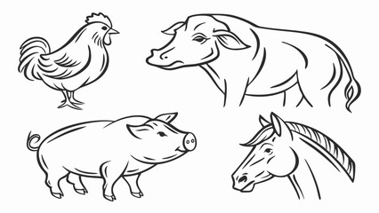 Farm Animals Chicken, Pig, Horse, and Hog Line Art Illustrations