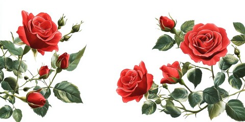 Beautiful red roses with buds and lush green leaves set against a white background showcasing floral elegance