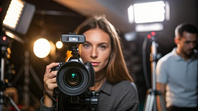 A focused young woman looking through the lens of a professional camera, set against a backdrop of studio lighting.