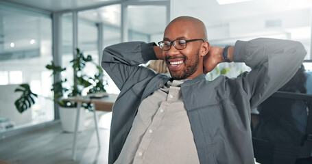 Relax, smile and black man in office with finished project for magazine agency with target. Happy,...