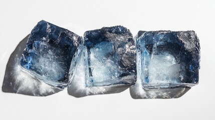 Obraz premium Three blue ice cubes on a white background