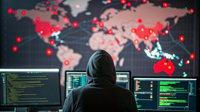 A person in a hoodie is seated in front of multiple computer screens displaying coding and a world map with red indicators.