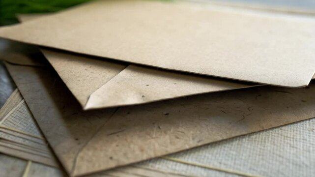 Two eco-friendly envelopes stacked on a light surface, showcasing a natural, textured appearance.