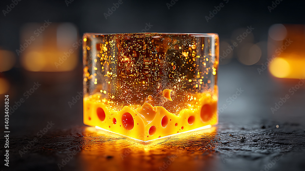Poster a vibrant cube with glowing orange bubbles and sparkling textures, set against a dark background, cr