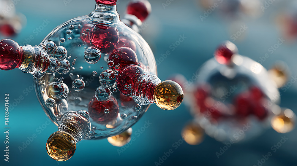Poster a close-up view of molecular structures with bubbles, showcasing intricate details of atoms in a col