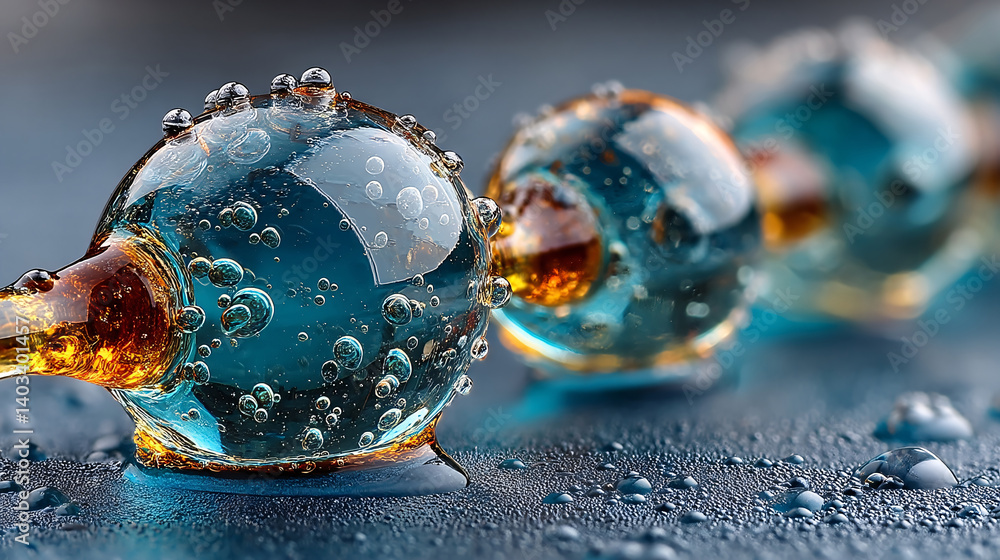 Aufkleber close-up of colorful, glass-like spheres with bubbles, reflecting light and water droplets on a text