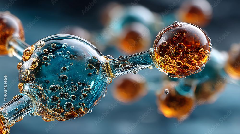 Poster a close-up view of colorful molecular structures with bubbles, showcasing the intricate design of at