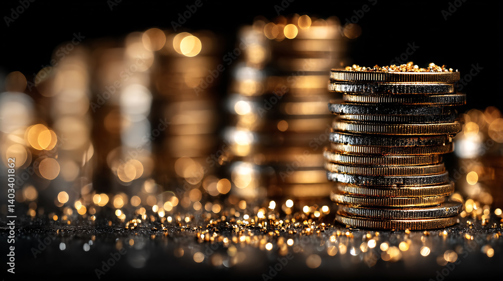 Poster a close-up image of stacked coins with a blurred background, creating a bokeh effect that highlights