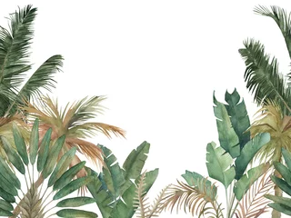Gardinen Dschungel Jungle summer frame. Watercolor poster with palm trees on white background. Hand drawn illustration  © natikka