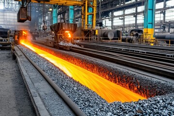 Obraz premium Steel factory using scrap metal for production, with molten recycled steel being poured into electric arc furnace, monitored by digital control systems - casting industrial plant